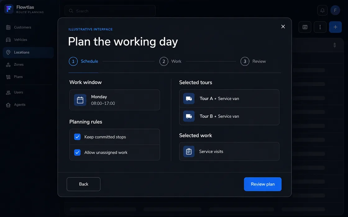 Illustration of a planning dialog with route constraints